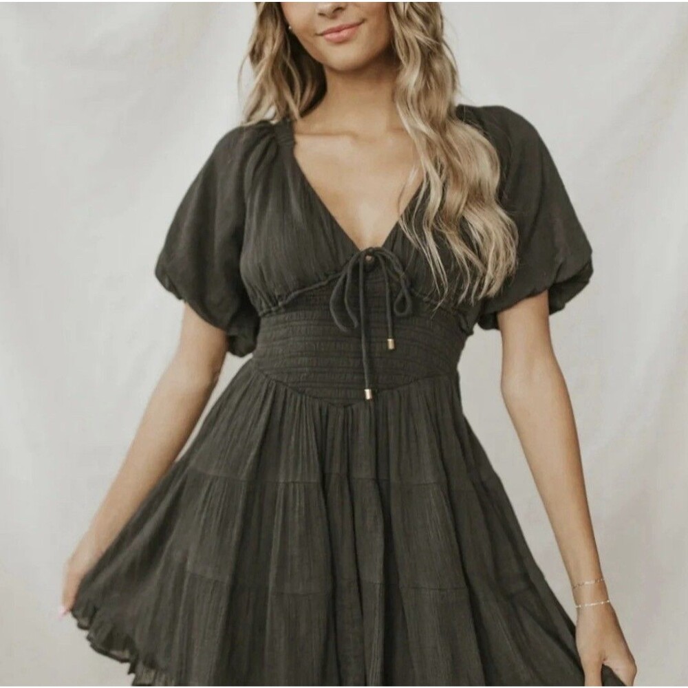 Free People Women's Perfect Day Mini Boho Dress Size XS Washed Black Smocked - Picture 11 of 11